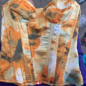 Orange tie dye print structured corset top